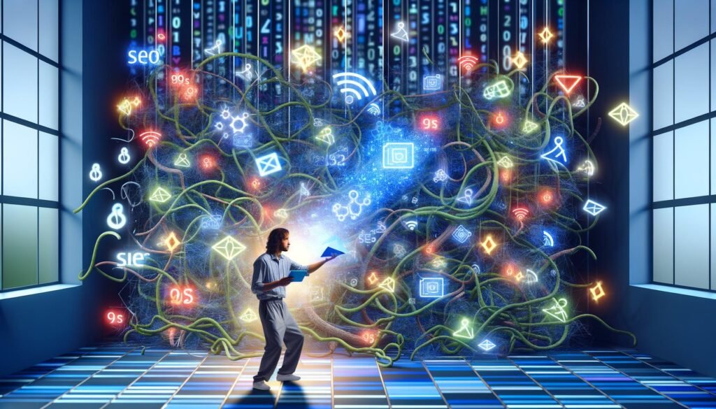Digitaler Dschungel aus Neoncode, Social Media-Icons und SEO-Keywords mit Marketer, der futuristisches Tablet hält und von schwebenden Inhalten sowie 90er-Jahre-Webelementen umgeben ist.