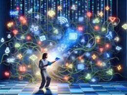 Digitaler Dschungel aus Neoncode, Social Media-Icons und SEO-Keywords mit Marketer, der futuristisches Tablet hält und von schwebenden Inhalten sowie 90er-Jahre-Webelementen umgeben ist.