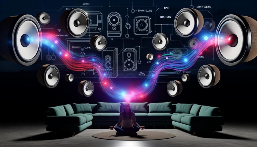 Futuristisches Wohnzimmer mit schwebenden Sonos-Lautsprechern, 3D-Klangwellen und transparenten Icons für digitale Interaktion.