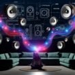 Futuristisches Wohnzimmer mit schwebenden Sonos-Lautsprechern, 3D-Klangwellen und transparenten Icons für digitale Interaktion.