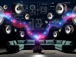 Futuristisches Wohnzimmer mit schwebenden Sonos-Lautsprechern, 3D-Klangwellen und transparenten Icons für digitale Interaktion.