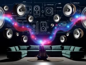 Futuristisches Wohnzimmer mit schwebenden Sonos-Lautsprechern, 3D-Klangwellen und transparenten Icons für digitale Interaktion.