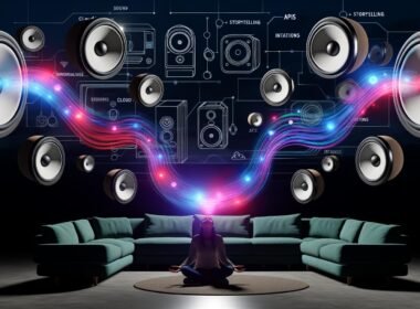 Futuristisches Wohnzimmer mit schwebenden Sonos-Lautsprechern, 3D-Klangwellen und transparenten Icons für digitale Interaktion.