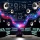 Futuristisches Wohnzimmer mit schwebenden Sonos-Lautsprechern, 3D-Klangwellen und transparenten Icons für digitale Interaktion.