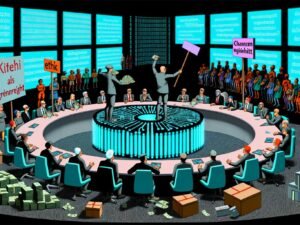 Futuristischer Konferenzraum mit Politikern, Tech-Managern und Juristen, die hitzig eine neuralnetzförmige Tischrunde um KI als Grundrecht diskutieren, während Skeptiker getrennt durch eine Glaswand zuschauen.