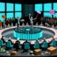 Futuristischer Konferenzraum mit Politikern, Tech-Managern und Juristen, die hitzig eine neuralnetzförmige Tischrunde um KI als Grundrecht diskutieren, während Skeptiker getrennt durch eine Glaswand zuschauen.