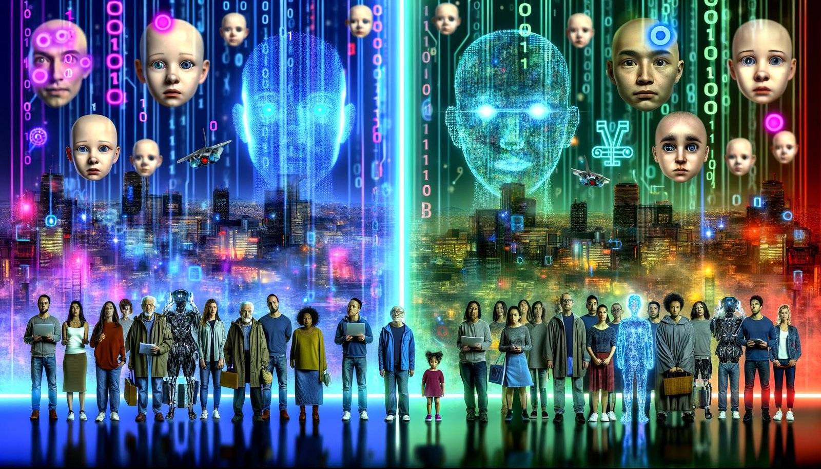 Dramatisch inszenierte Bildserie zur KI-Zukunft: Diverse Menschen und moderne Städte, Splitscreen von digital Teilhabe und Ausgrenzung, transparentes KI-Gehirn vor einer Jury für Algorithmus-Transparenz, Whiteboard mit Acht-Punkte-Plan zu KI-Grundrechten, düsteres Porträt zur algorithmischen Diskriminierung, futuristische Stadt unter KI-Vernetzung.