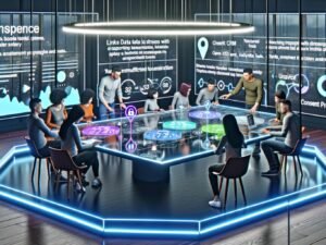 Dynamische Marketinggruppe analysiert Daten und Reporting auf einem Glastisch mit digitalen Dashboards und Datenschutzsymbolen im modernen Büro.