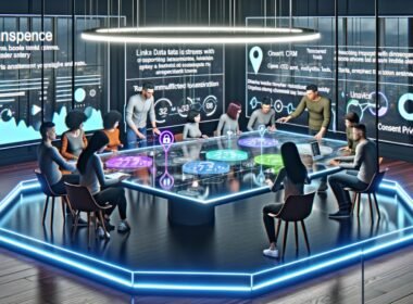 Dynamische Marketinggruppe analysiert Daten und Reporting auf einem Glastisch mit digitalen Dashboards und Datenschutzsymbolen im modernen Büro.