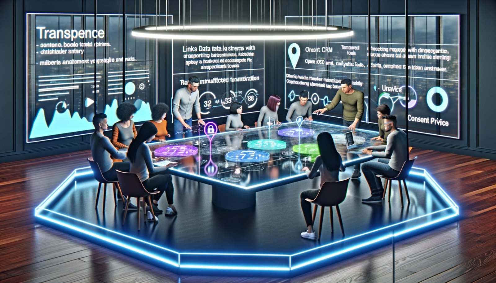 Dynamische Marketinggruppe analysiert Daten und Reporting auf einem Glastisch mit digitalen Dashboards und Datenschutzsymbolen im modernen Büro.