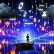 Person mit verbundenen Augen auf einem kleinen Boot in einem farbenfrohen, abstrakten Datenmeer, umgeben von Datenpunkten, Lichtwellen, Tracking-Icons sowie dunklen Wolken mit den Worten Risiko und Abmahnung.