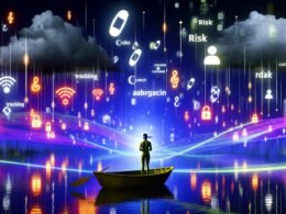 Person mit verbundenen Augen auf einem kleinen Boot in einem farbenfrohen, abstrakten Datenmeer, umgeben von Datenpunkten, Lichtwellen, Tracking-Icons sowie dunklen Wolken mit den Worten Risiko und Abmahnung.