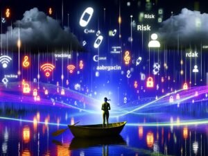 Person mit verbundenen Augen auf einem kleinen Boot in einem farbenfrohen, abstrakten Datenmeer, umgeben von Datenpunkten, Lichtwellen, Tracking-Icons sowie dunklen Wolken mit den Worten Risiko und Abmahnung.