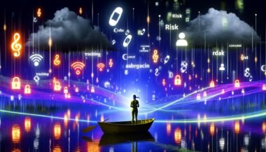 Person mit verbundenen Augen auf einem kleinen Boot in einem farbenfrohen, abstrakten Datenmeer, umgeben von Datenpunkten, Lichtwellen, Tracking-Icons sowie dunklen Wolken mit den Worten Risiko und Abmahnung.