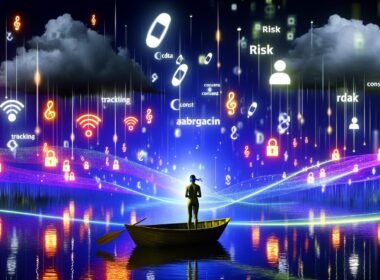 Person mit verbundenen Augen auf einem kleinen Boot in einem farbenfrohen, abstrakten Datenmeer, umgeben von Datenpunkten, Lichtwellen, Tracking-Icons sowie dunklen Wolken mit den Worten Risiko und Abmahnung.