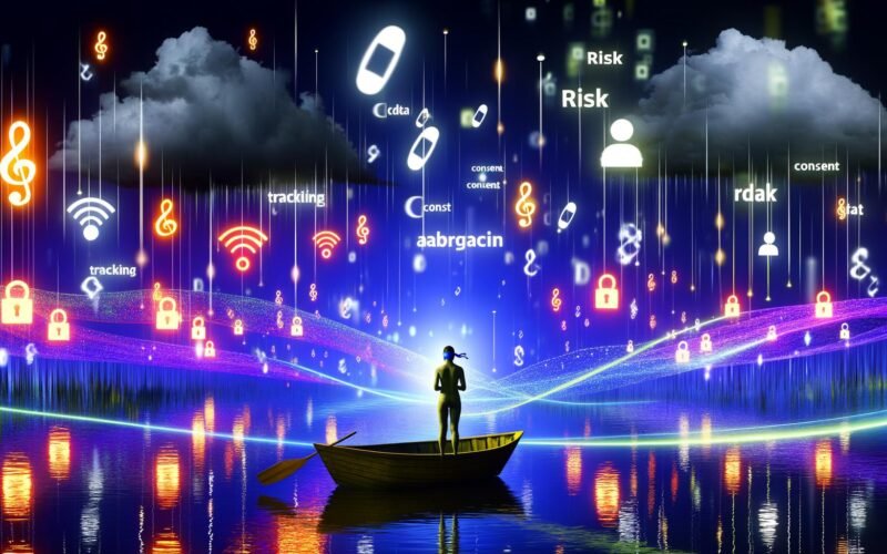 Person mit verbundenen Augen auf einem kleinen Boot in einem farbenfrohen, abstrakten Datenmeer, umgeben von Datenpunkten, Lichtwellen, Tracking-Icons sowie dunklen Wolken mit den Worten Risiko und Abmahnung.