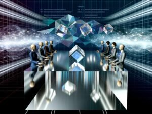 Titelbild mit digitalem Haifischbecken-Konferenztisch, transparenten Datenwürfeln, stilisierten Business-Avataren und abstrakter Digitallandschaft.