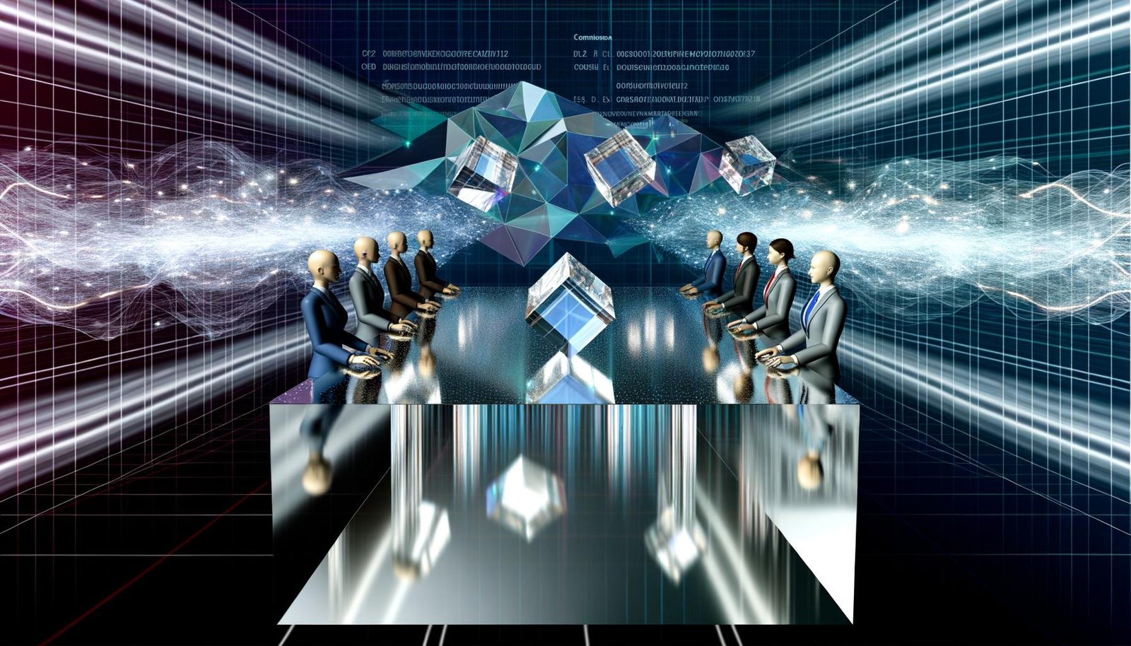 Titelbild mit digitalem Haifischbecken-Konferenztisch, transparenten Datenwürfeln, stilisierten Business-Avataren und abstrakter Digitallandschaft.
