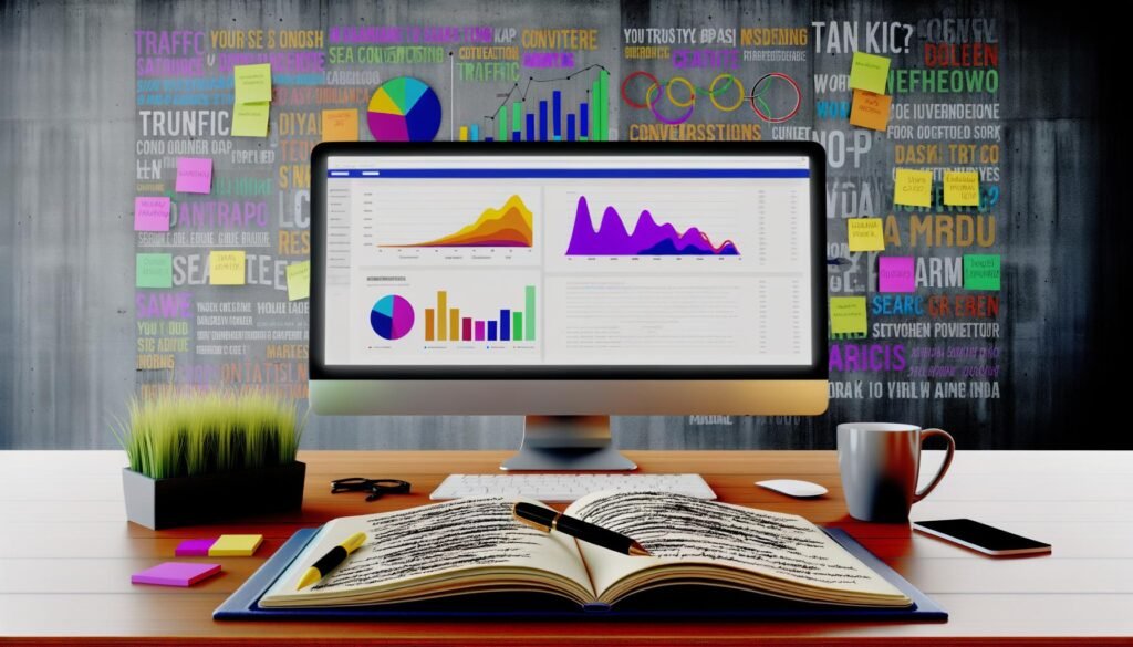 Moderner Arbeitsplatz mit Monitor voller bunter Marketing-Analysen, KPIs im Notizbuch, Kaffeetasse sowie Post-its zu Traffic und Conversion auf dem Schreibtisch, motivierende Marketing-Zitate an der Wand.