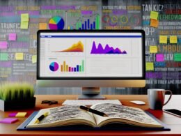 Moderner Arbeitsplatz mit Monitor voller bunter Marketing-Analysen, KPIs im Notizbuch, Kaffeetasse sowie Post-its zu Traffic und Conversion auf dem Schreibtisch, motivierende Marketing-Zitate an der Wand.