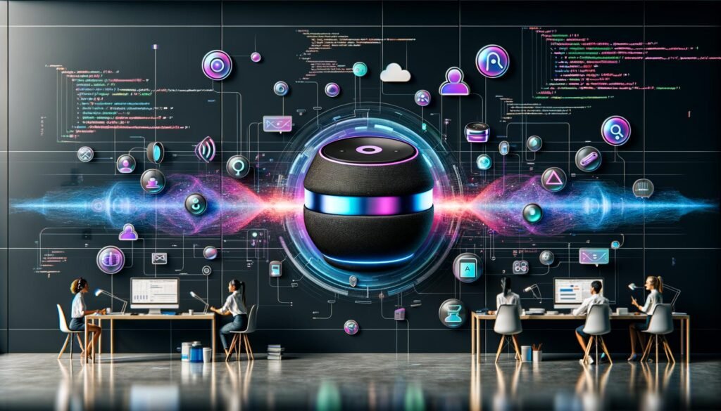 Moderner Workspace mit Sonos Lautsprechern, digitalen Strömen, UI-Overlays und Team, das Dashboards und Sprachdaten analysiert.