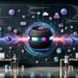 Moderner Workspace mit Sonos Lautsprechern, digitalen Strömen, UI-Overlays und Team, das Dashboards und Sprachdaten analysiert.