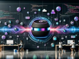 Moderner Workspace mit Sonos Lautsprechern, digitalen Strömen, UI-Overlays und Team, das Dashboards und Sprachdaten analysiert.
