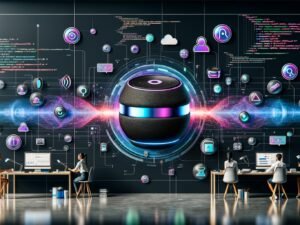 Moderner Workspace mit Sonos Lautsprechern, digitalen Strömen, UI-Overlays und Team, das Dashboards und Sprachdaten analysiert.