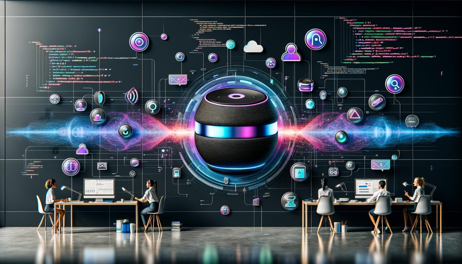 Moderner Workspace mit Sonos Lautsprechern, digitalen Strömen, UI-Overlays und Team, das Dashboards und Sprachdaten analysiert.