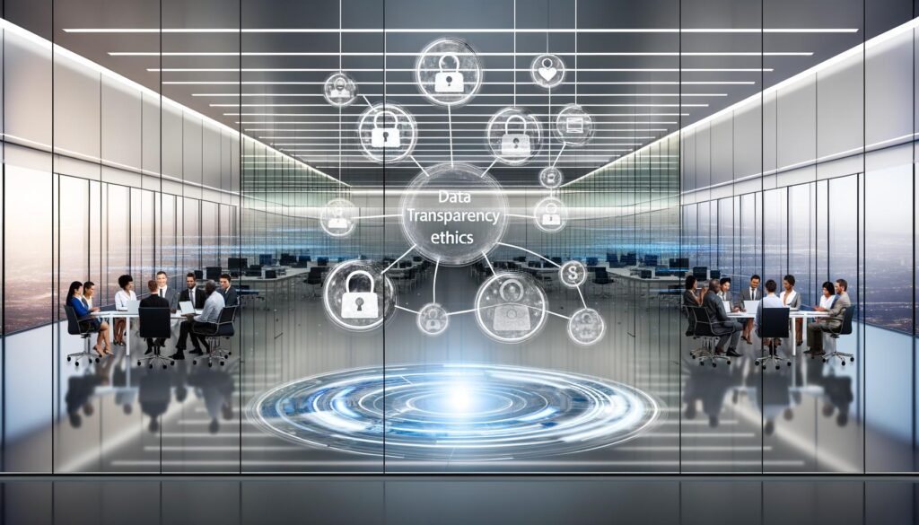 Modernes digitales Großraumbüro mit gläsernen Wänden, fließenden Datenströmen, diversen Personen an Laptops, einem Diagramm zu Transparenz und Ethik sowie einem Dokument mit dem Titel 'Datentransparenz Ethik' auf einem Tisch.