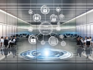 Modernes digitales Großraumbüro mit gläsernen Wänden, fließenden Datenströmen, diversen Personen an Laptops, einem Diagramm zu Transparenz und Ethik sowie einem Dokument mit dem Titel 'Datentransparenz Ethik' auf einem Tisch.