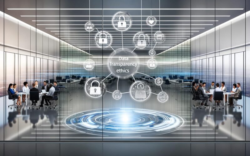 Modernes digitales Großraumbüro mit gläsernen Wänden, fließenden Datenströmen, diversen Personen an Laptops, einem Diagramm zu Transparenz und Ethik sowie einem Dokument mit dem Titel 'Datentransparenz Ethik' auf einem Tisch.