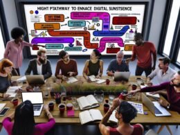 Kreatives Team diskutiert über Content-Optimierung im modernen Büro, digitale Analysen und Flowcharts im Hintergrund.