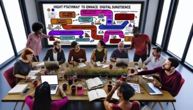 Kreatives Team diskutiert über Content-Optimierung im modernen Büro, digitale Analysen und Flowcharts im Hintergrund.