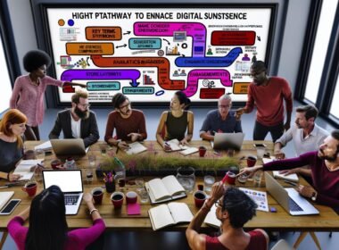 Kreatives Team diskutiert über Content-Optimierung im modernen Büro, digitale Analysen und Flowcharts im Hintergrund.