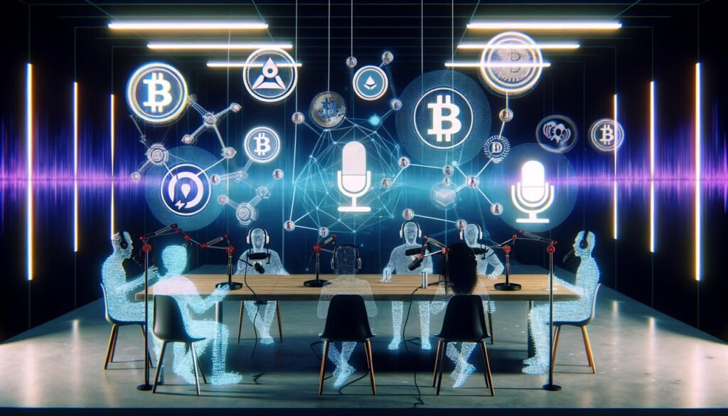 Futuristisches Podcast-Studio mit diversen Creators und Zuhörern rund um Sonos-Mikrofon, holografische Blockchain-Nodes, NFT-Icons und digitale Wallet-Visuals, mit verblassenden Spotify- und Apple-Logos im Hintergrund.
