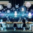 Futuristisches Podcast-Studio mit diversen Creators und Zuhörern rund um Sonos-Mikrofon, holografische Blockchain-Nodes, NFT-Icons und digitale Wallet-Visuals, mit verblassenden Spotify- und Apple-Logos im Hintergrund.