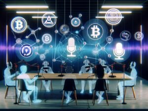 Futuristisches Podcast-Studio mit diversen Creators und Zuhörern rund um Sonos-Mikrofon, holografische Blockchain-Nodes, NFT-Icons und digitale Wallet-Visuals, mit verblassenden Spotify- und Apple-Logos im Hintergrund.