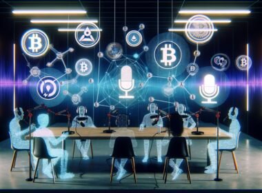 Futuristisches Podcast-Studio mit diversen Creators und Zuhörern rund um Sonos-Mikrofon, holografische Blockchain-Nodes, NFT-Icons und digitale Wallet-Visuals, mit verblassenden Spotify- und Apple-Logos im Hintergrund.