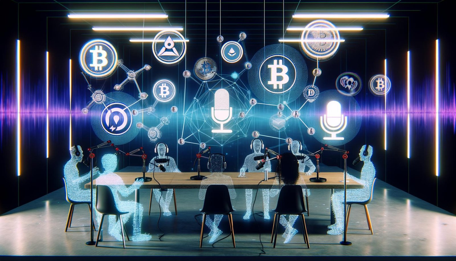 Futuristisches Podcast-Studio mit diversen Creators und Zuhörern rund um Sonos-Mikrofon, holografische Blockchain-Nodes, NFT-Icons und digitale Wallet-Visuals, mit verblassenden Spotify- und Apple-Logos im Hintergrund.