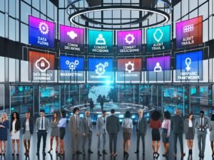 Futuristisches Büro mit Experten aus Marketing, IT und Datenschutz, die gemeinsam vor digitalen Dashboards mit Datenflüssen, Systemdiagrammen und Datentransparenz-Framework arbeiten.