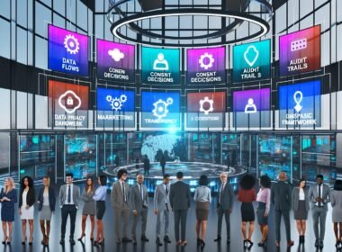 Futuristisches Büro mit Experten aus Marketing, IT und Datenschutz, die gemeinsam vor digitalen Dashboards mit Datenflüssen, Systemdiagrammen und Datentransparenz-Framework arbeiten.