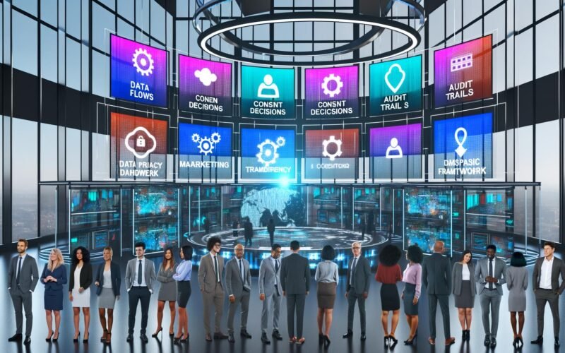 Futuristisches Büro mit Experten aus Marketing, IT und Datenschutz, die gemeinsam vor digitalen Dashboards mit Datenflüssen, Systemdiagrammen und Datentransparenz-Framework arbeiten.