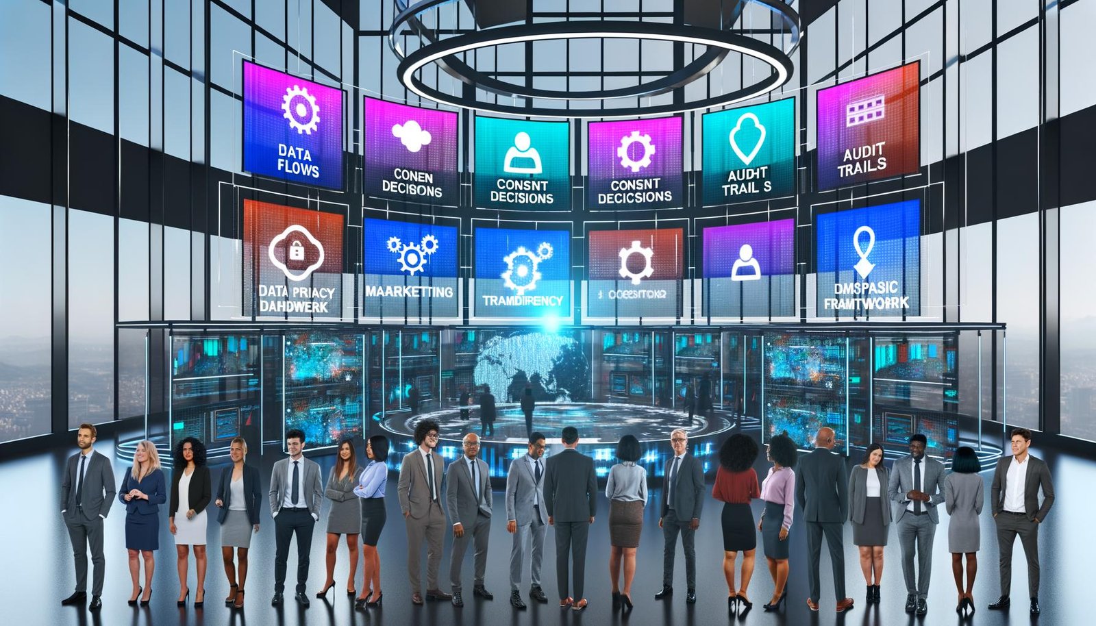 Futuristisches Büro mit Experten aus Marketing, IT und Datenschutz, die gemeinsam vor digitalen Dashboards mit Datenflüssen, Systemdiagrammen und Datentransparenz-Framework arbeiten.