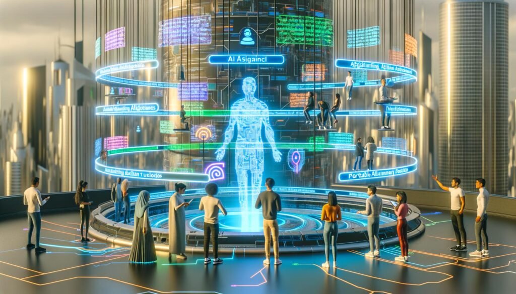 Futuristische Stadt mit vielfältigen Menschen, die mit Hologrammen, offenen KI-Terminals und portablen KI-Geräten agieren, unter leuchtenden Transparenten zu digitaler Freiheit.