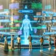 Futuristische Stadt mit vielfältigen Menschen, die mit Hologrammen, offenen KI-Terminals und portablen KI-Geräten agieren, unter leuchtenden Transparenten zu digitaler Freiheit.