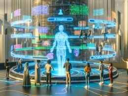 Futuristische Stadt mit vielfältigen Menschen, die mit Hologrammen, offenen KI-Terminals und portablen KI-Geräten agieren, unter leuchtenden Transparenten zu digitaler Freiheit.