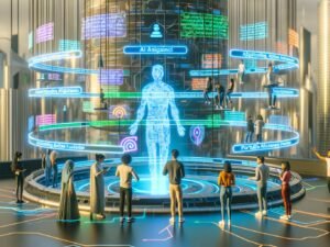 Futuristische Stadt mit vielfältigen Menschen, die mit Hologrammen, offenen KI-Terminals und portablen KI-Geräten agieren, unter leuchtenden Transparenten zu digitaler Freiheit.