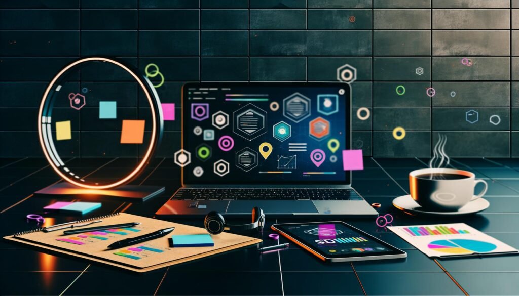 Moderner Arbeitsplatz mit Laptop, Content-Strategie-Diagrammen, Tablets, Smartphone mit SEO-Tools, Redaktionsplänen, Kopfhörern, Kaffeetasse und Ringlicht auf dunkler Tischoberfläche.
