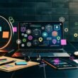 Moderner Arbeitsplatz mit Laptop, Content-Strategie-Diagrammen, Tablets, Smartphone mit SEO-Tools, Redaktionsplänen, Kopfhörern, Kaffeetasse und Ringlicht auf dunkler Tischoberfläche.